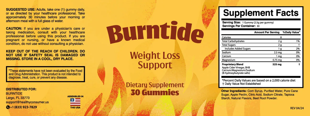 BurnTide Supplement Facts label with directions and warnings